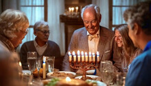 Happy Jewish Family Celebrating Hanukkah. Elderly Relatives People Gathered At The Dinner Table. Religious Symbol Candlestick.