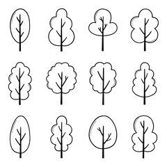 Wall Mural - Trees doodle set. Forest in sketch style. Hand drawn vector illustration isolated on white background
