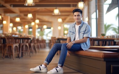 Wall Mural - Young startup male person model wearing a sporty classic sneakers with a casual shirt and pair of denim, posing