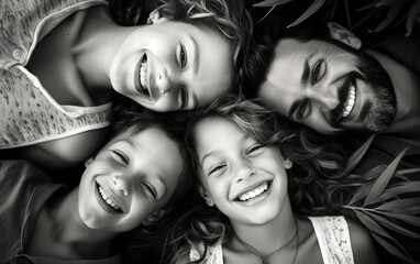 Aerial photography of a family laying in the grass and smiling