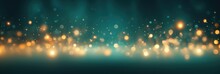 Abstract Golden Yellow And Emerald Green Glitter Lights Background. Circle Blurred Bokeh. Festive Backdrop For Christmas, Party, Holiday Or Birthday With Copy Space