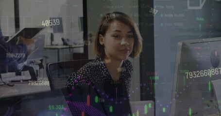 Wall Mural - Animation of financial data processing over asian businesswoman in office