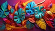 A bunch of colorful paper flowers on a red background. Vibrant pop art image.