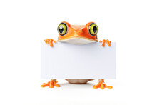 Frog Holding A Blank White Banner Or Card. On White Background