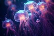 © Isabella - An abstract background resembling bioluminescent jellyfish or cells dividing under a microscope. Generative AI