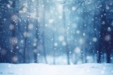Fototapeta Paryż - winter and christmas snowy background with snowdrifts and snow-covered blur forest. cold winter time, generative ai