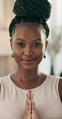 Poster - Yoga, face and zen with a black woman in a living room in her home for health or wellness. Portrait, exercise and meditation with a happy young person in her apartment for mindfulness and peace