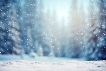 Wall Mural - winter and christmas snowy background with snowdrifts and snow-covered blur forest. cold winter time, generative ai