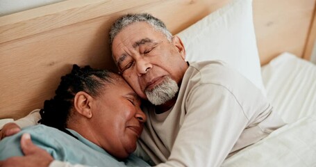 Poster - Love, sleep and a senior couple in bed together in the morning to relax on a weekend during retirement. Hug, home or bedroom with an elderly pensioner man and woman resting for peace or quiet