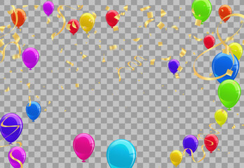 Poster - Colorful birthday balloons, pennants, tinsel and confetti on sky background with space for text. eps.10