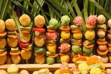 Closeup Of Sausage, Meatballs, Dumplings, Fish Balls, Squid Ready For Fried, Have A Variety Of Meatballs Beautifully Displayed For Sale In Vietnamese Kios