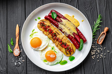 Canvas Print - Breakfast with sausages, eggs and potatoes with vegetable salsa and Golan sauce