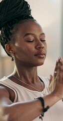 Wall Mural - Yoga, praying or face of black woman in meditation in home studio for wellness, peace or balance. Calm, relax or zen African person in pilates pose for energy training, breathe or holistic exercise