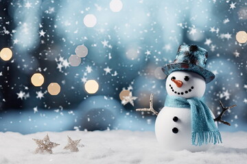  Christmas Winter Background with Snowman, Presents, and Bokeh Snowflakes - Merry Christmas and Happy New Year Greeting Card with Ample Copy Space, Ideal for Festive Holiday Messages