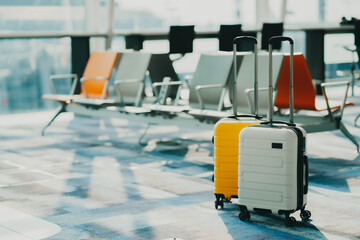 Wall Mural - Two suitcases in an empty airport hall, traveler cases in the departure airport terminal waiting for the area, vacation concept, blank space for text message or design