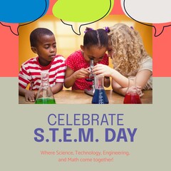 Sticker - Composite of celebrate stem day text over diverse children looking through microscope in school