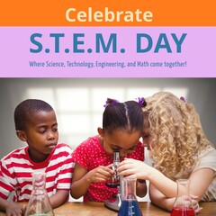 Sticker - Composite of celebrate stem day text and diverse students looking through microscope in school