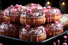 Donuts With Pink Icing And 3D Chocolate Realistic Objects, Generative Ai