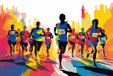 Fototapeta  - marathon winner finish vector background and group of runners for poster Generative AI