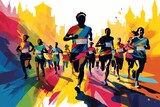 Fototapeta  - marathon winner finish vector background and group of runners for poster Generative AI