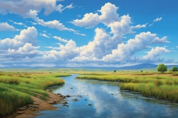 Idaho summer landscape: blue skies, water, clouds in serene nature scene. Generative AI