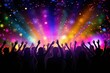 © Tony - image of a vibrant concert crowd illuminated by colorful stage lights falling confetti live music Generative AI