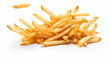 Falling french fries or potato chips isolated on white background.