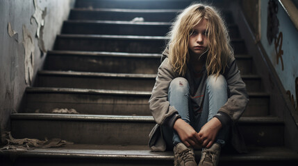 Unhappy teenage girl sitting alone.Stressed, sad and unhappy child.