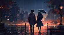 Anime Style Illustration Of A Young Couple Holding Hands In The Rain, Cityscape Background