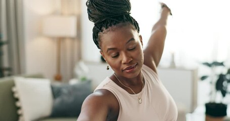 Poster - Yoga, arms or black woman stretching in home or house studio for wellness, peace or balance. Calm, flexible or zen African person in pilates pose for energy training, breath or holistic exercise