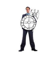 Sticker - Digital png photo of caucasian businessman with shield and axe on transparent background