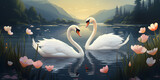 A couple swan in the lake romantic illustration background