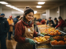 Volunteers Working Handing Out Food On Thanksgiving Day