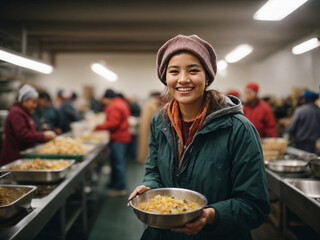 Wall Mural - volunteers working handing out food on thanksgiving day