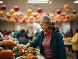 Wall Mural - volunteers working handing out food on thanksgiving day