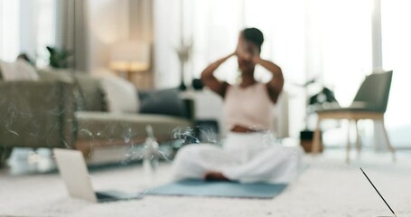 Wall Mural - Incense, yoga and meditation with a black woman on the floor of a living room in her home for health or wellness. Exercise, smoke and zen blur with a young person in her apartment for mental health