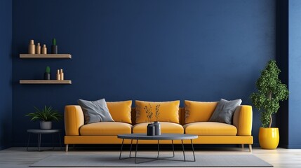 Wall Mural - Accent lounge area in a large living room. Blue yellow colors. Empty dark navy wall background for art and bright yellow ocher mustard sofa accent. Mockup modern interior design. 3d rendering