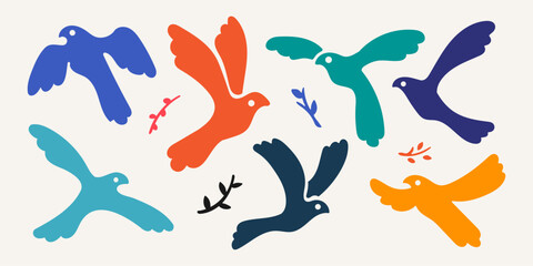Wall Mural - dove bird matisse naive hippie groovy blob quirky style logo vector set icon illustration bundle