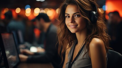 Wall Mural - A young woman with wavy brown hair is seen wearing headphones in a dimly lit environment. She has a warm smile and a confident expression, customer service, or support, call center