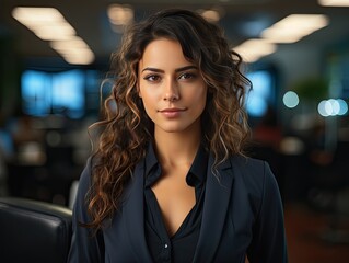 Wall Mural - A poised woman with wavy brown hair stands in a modern office environment. She wears a navy blouse, her gaze steady and confident.