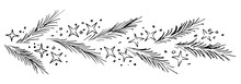 Hand Drawn Simple Vector Illustration With Black Outline. Pine, Fir Branch, Stars And Snow. Long Garland, Banner. For Festive New Year, Christmas Design, Cards, Labels. Ink Sketch.
