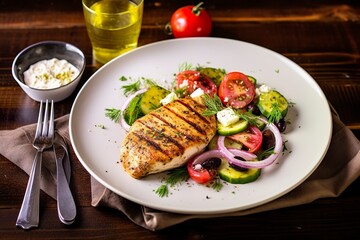 seared chicken breast and greek salad on a wooden table.