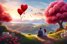A Cartoon Illustration Design Of A Valentine's Day Couple Sitting And Enjoying A Beautiful Landscape View With Some Heart Shaped Balloons. It Is Representing The Concept Of Valentine's Day