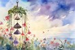 Watercolor illustration of wind chime and morning glory with a scenic background. Generative AI