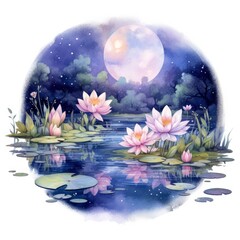 Floral Moon and Water Lilies on a white background.