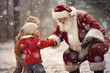 Santa Claus play with kids in the winter snow