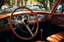 Vintage Car's Dashboard And Steering Wheel With A Classic 50-60s Car Interior Style. Generative AI