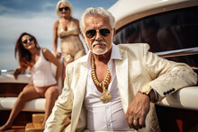 Wealthy Senior Man At Luxury Yacht Party, Billionaire Summer Cruise Vacation, With Beautiful Girls