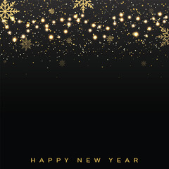 Wall Mural - Christmas and Happy New year card with falling golden snowflakes on black. Vector