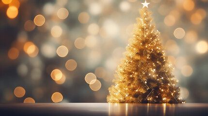 Canvas Print - christmas tree background with gold blurred light